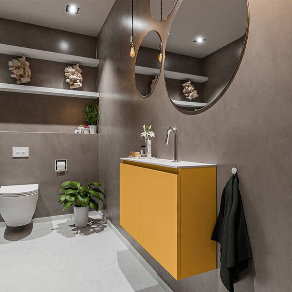 Mondiaz TURE Toiletmeubel 80x23x50cm met 1 kraangaten 2 deuren ocher mat Wastafel Eden midden Solid Surface Wit FK75341163