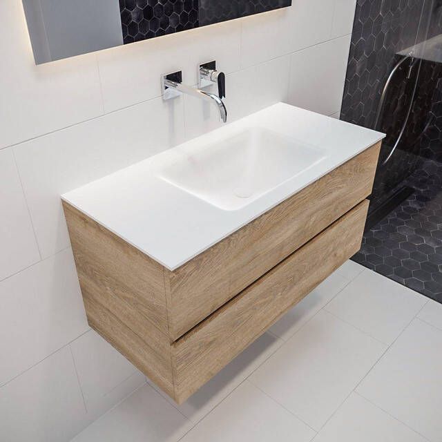 Mondiaz VICA Badkamermeubelset 100cm 2 lades wasbak Cloud midden 0 kraangaten solid surface washed oak PC75341230