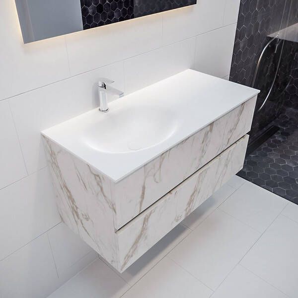 Mondiaz VICA Badkamermeubelset 100cm 2 lades wasbak Moon links 1 kraangat solid surface carrara marmer PC75341556