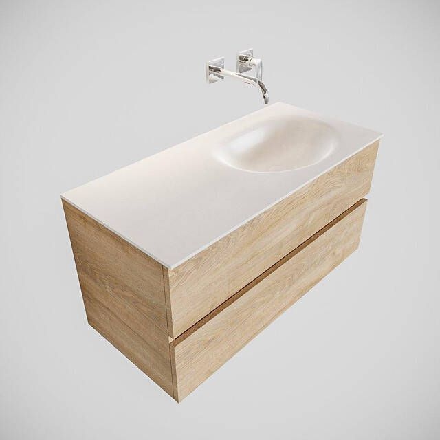 Mondiaz VICA Badkamermeubelset 100cm 2 lades wasbak Moon rechts 0 kraangaten solid surface washed oak PC75341180