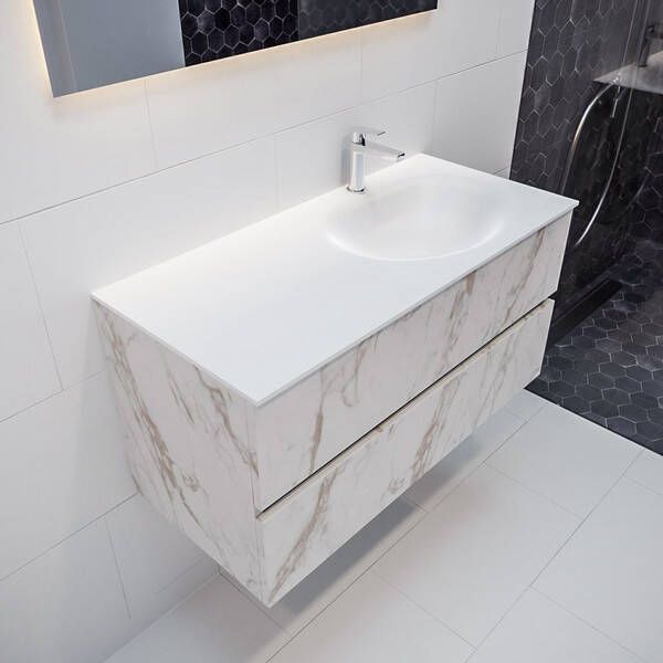 Mondiaz VICA Badkamermeubelset 100cm 2 lades wasbak Moon rechts 1 kraangat solid surface carrara marmer PC75341557