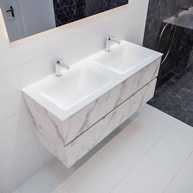 Mondiaz VICA Badkamermeubelset 120cm 2 lades wasbak Cloud dubbel 2 kraangaten solid surface carrara marmer PC75341597