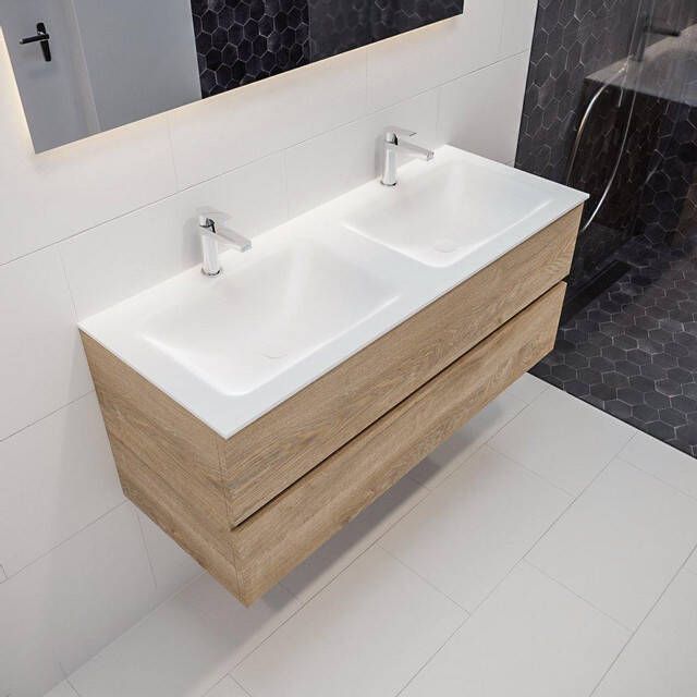 Mondiaz VICA Badkamermeubelset 120cm 2 lades wasbak Cloud dubbel 2 kraangaten solid surface washed oak PC75341251