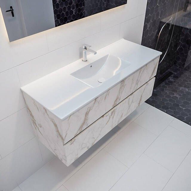 Mondiaz VICA Badkamermeubelset 120cm 2 lades wasbak Denia midden 1 kraangat keramiek carrara marmer PC75341579