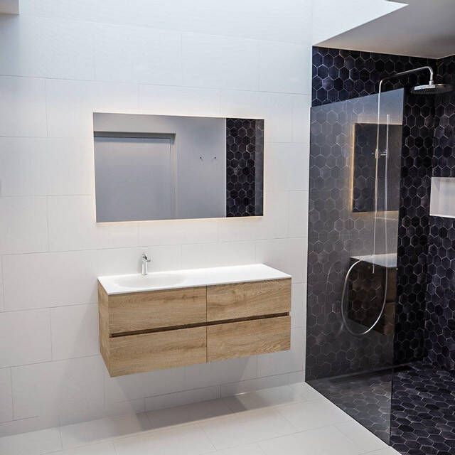 Mondiaz VICA Badkamermeubelset 120cm 4 lades wasbak Moon links 1 kraangat solid surface washed oak PC75341277