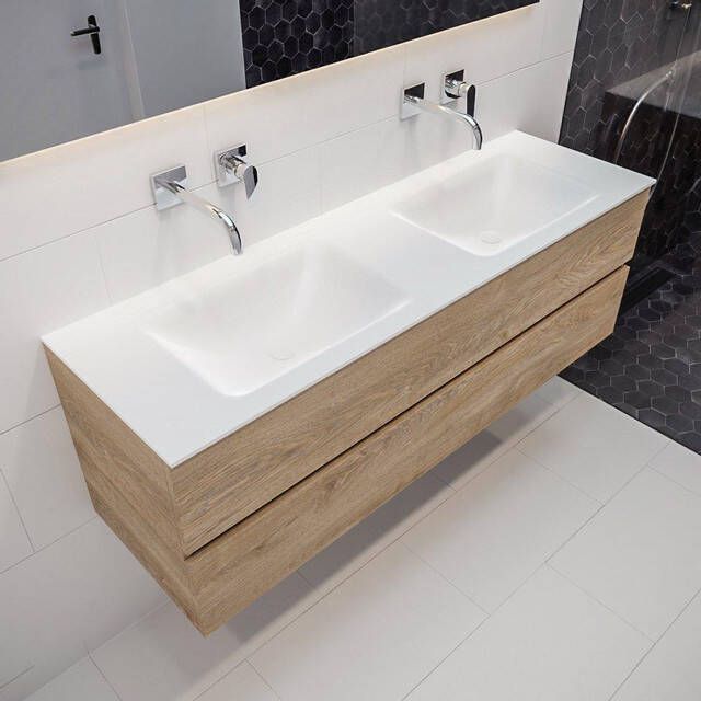 Mondiaz VICA Badkamermeubelset 150cm 2 lades wasbak Cloud dubbel 0 kraangaten solid surface washed oak PC75341263