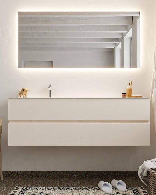 Mondiaz VICA Badkamermeubelset 150cm 2 lades wasbak Cloud links 1 kraangat solid surface linen NV76341567
