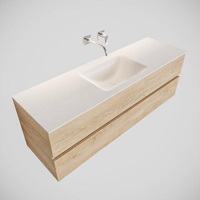 Mondiaz VICA Badkamermeubelset 150cm 2 lades wasbak Cloud midden 0 kraangaten solid surface washed oak PC75341260