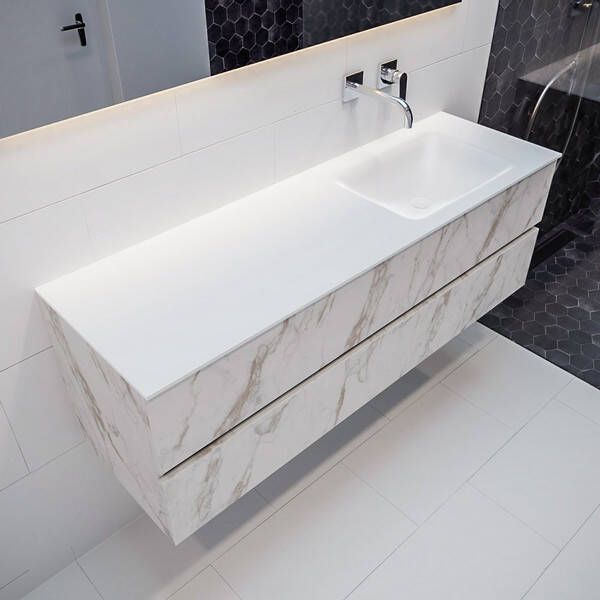 Mondiaz VICA Badkamermeubelset 150cm 2 lades wasbak Cloud rechts 0 kraangaten solid surface carrara marmer PC75341600