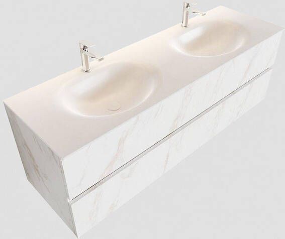 Mondiaz VICA Badkamermeubelset 150cm 2 lades wasbak Moon dubbel 2 kraangaten solid surface carrara marmer PC75341573