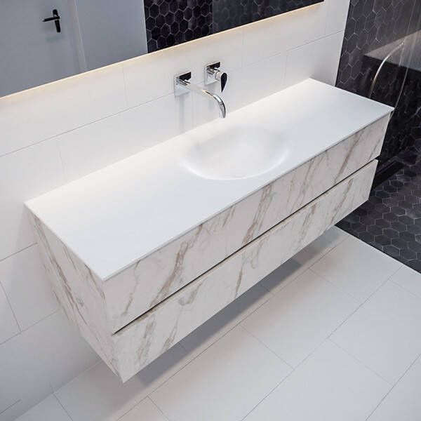 Mondiaz VICA Badkamermeubelset 150cm 2 lades wasbak Moon midden 0 kraangaten solid surface carrara marmer PC75341566