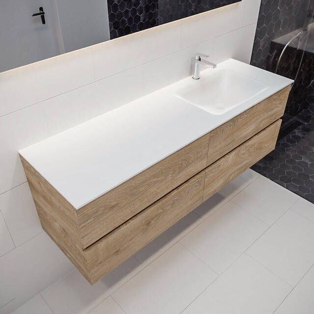 Mondiaz VICA Badkamermeubelset 150cm 4 lades wasbak Cloud rechts 1 kraangat solid surface washed oak PC75341314