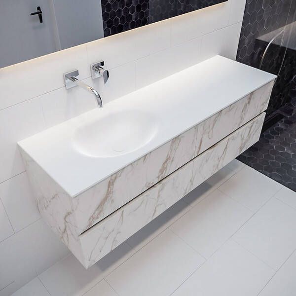 Mondiaz VICA Badkamermeubelset 150cm 4 lades wasbak Moon links 0 kraangaten solid surface carrara marmer PC75341619