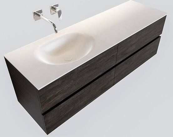 Mondiaz Vica Moon badmeubel eiken donker bruin 150 cm 4 lades solid surface enkele spoelbak links zonder kraangat