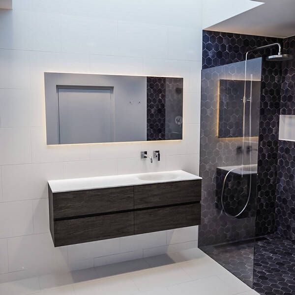 Mondiaz Vica Moon badmeubel eiken donker bruin 150 cm 4 lades solid surface enkele spoelbak rechts zonder kraangat