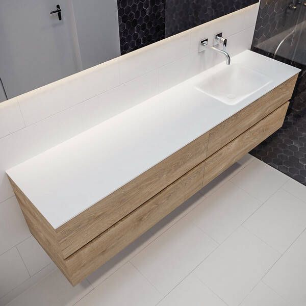 Mondiaz VICA Badkamermeubelset 200cm 4 lades wasbak Cloud rechts 0 kraangaten solid surface washed oak PC75341679