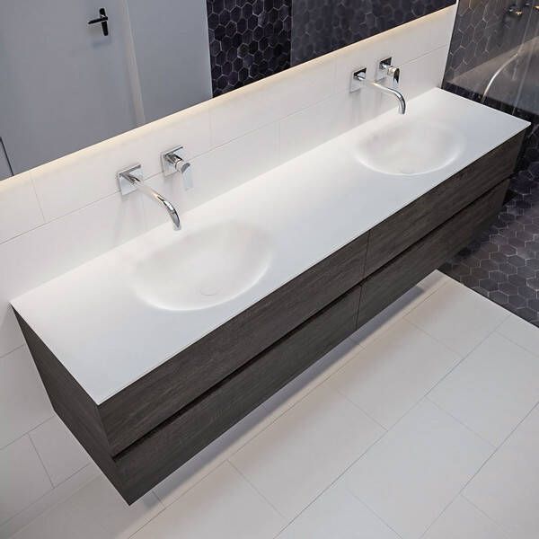 Mondiaz VICA Badkamermeubelset 200cm 4 lades wasbak Moon dubbel 0 kraangaten solid surface dark brown PC75341662