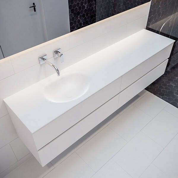 Mondiaz VICA Badkamermeubelset 200cm 4 lades wasbak Moon links 0 kraangaten solid surface talc PC75341636