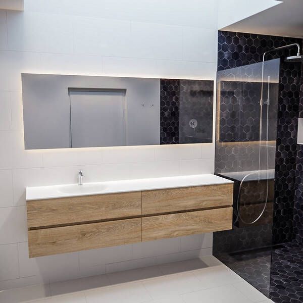 Mondiaz VICA Badkamermeubelset 200cm 4 lades wasbak Moon links 1 kraangat solid surface washed oak PC75341669