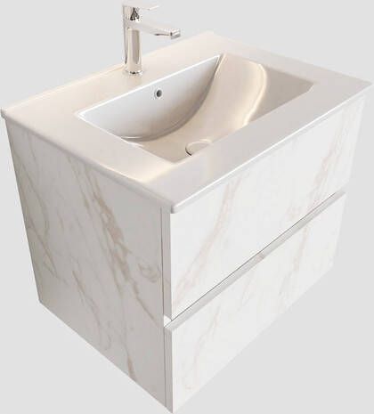 Mondiaz VICA Badkamermeubelset 60cm 2 lades wasbak Denia midden 1 kraangat solid surface carrara marmer PC75341574