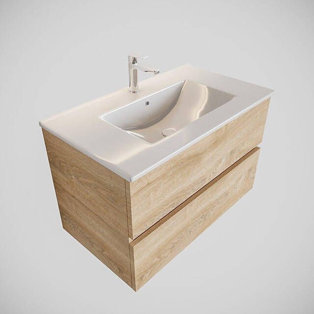 Mondiaz VICA Badkamermeubelset 80cm 2 lades wasbak Denia midden 1 kraangat solid surface washed oak PC75341319