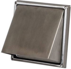 Plieger buitenrooster RVS met schuine kap en afsluitklep aansl 100mm af met 150x150mm RVS 626.031.11P