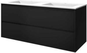 Proline Elegant badmeubel met polystone wastafel met 2 kraangaten en onderkast symmetrisch Mat zwart Mat wit 120x46cm (bxd)