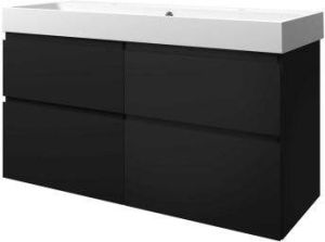 Proline Elegant badmeubel met polystone wastafel met 2 kraangaten en onderkast 4 laden a-symmetrisch Mat zwart Glans wit 120x46cm (bxd)