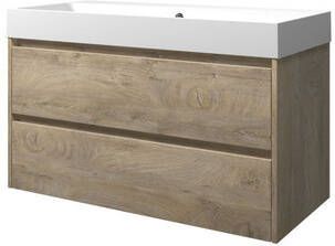 Proline polystone Loft badmeubelset met wastafelonderkast met 2 lades en polystone wastafel zonder kraangat 100 x 62 x 46 cm raw oak glanzend wit
