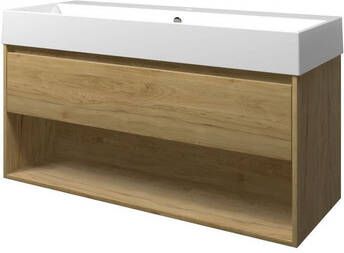 Proline Porselein Loft badmeubelset met wastafelonderkast met lade en open schap en porseleinen wastafel met 1 kraangat 120 x 62 x 46 cm ideal oak