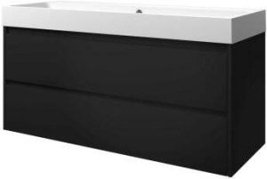 Proline Loft badmeubel met polystone wastafel zonder kraangat en onderkast symmetrisch Mat zwart Mat wit 120x46cm (bxd)