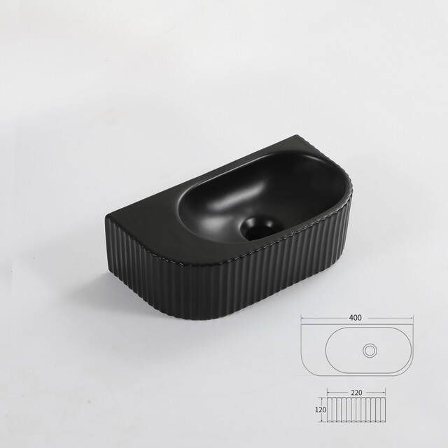 QeramiQ Blend Fontein 40x22x12cm Geribbeld halfrond zonder kraangat Keramiek Zwart mat SW1210756 - Foto 2