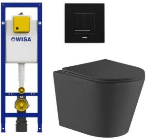 QeramiQ Dely toiletset met Wisa inbouwreservoir zwarte bedieningsplaat en toilet met zitting mat zwart 0704408 0701531 sw543433