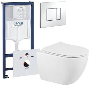 QeramiQ Fortune toiletset met Grohe inbouwreservoir witte bedieningsplaat en toilet met zitting glans wit 0720003 0729205 sw439189 sw524128