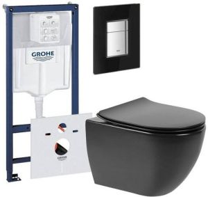 QeramiQ Fortune toiletset met Grohe inbouwreservoir zwart glazen bedieningsplaat en toilet met zitting mat zwart 0729205 0729166 sw529058 sw529059