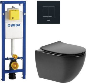 QeramiQ Fortune toiletset met Wisa inbouwreservoir zwarte bedieningsplaat en toilet met zitting mat zwart 0704408 0701531 sw529058 sw529059