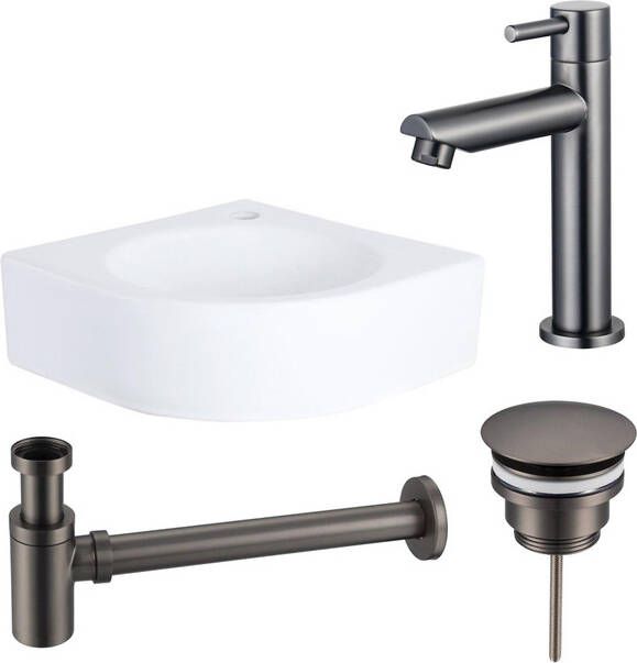 QeramiQ Fuente fonteinset 30x30x10cm 1 kraangat hoek keramiek fonteinkraan gunmetal glans wit SW696237 SW696207 SW696217 SW679885