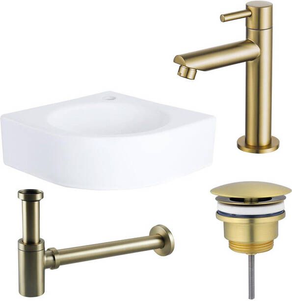 QeramiQ Fuente fonteinset 30x30x10cm 1 kraangat hoek keramiek fonteinkraan messing geborsteld glans wit SW696238 SW696208 SW696218 SW679885