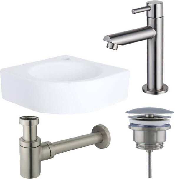 QeramiQ Fuente fonteinset 30x30x10cm 1 kraangat hoek keramiek fonteinkraan RVS geborsteld glans wit SW696237 SW696207 SW696217 SW679885