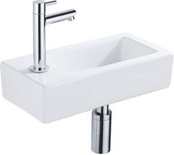 QeramiQ Fuente Fonteinset 37.5x18.5x9cm keramiek kraangat links fonteinkraan chroom afvoerplug verlaagd sifon Glans wit SW1122449 SW696209 SW696219 SW696234