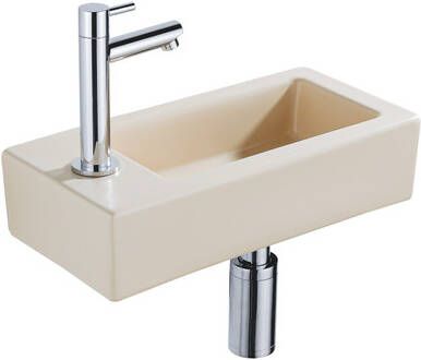 QeramiQ Fuente Fonteinset 37.5x18.5x9cm keramiek kraangat links fonteinkraan chroom afvoerplug verlaagd sifon Mat Beige SW1122452 SW696209 SW696219 SW696234