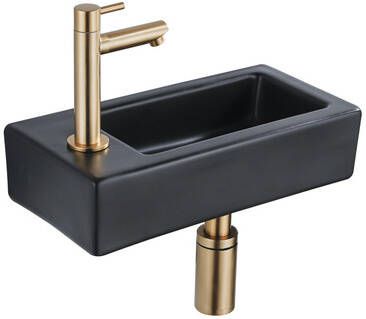 QeramiQ Fuente Fonteinset 37.5x18.5x9cm keramiek kraangat links fonteinkraan geborsteld messing afvoerplug verlaagd sifon Mat Zwart SW1122451 SW696208 SW696218 SW696238