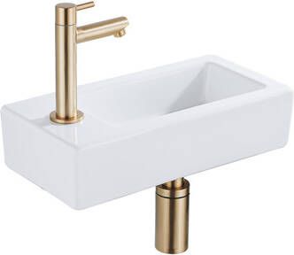 QeramiQ Fuente Fonteinset 37.5x18.5x9cm keramiek kraangat links fonteinkraan geborsteld messing afvoerplug verlaagd sifon Glans wit SW1122449 SW696208 SW696218 SW696238