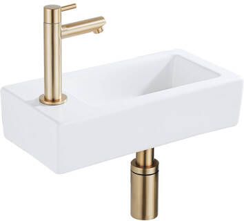 QeramiQ Fuente Fonteinset 37.5x18.5x9cm keramiek kraangat links fonteinkraan geborsteld messing afvoerplug verlaagd sifon Mat wit SW1122450 SW696208 SW696218 SW696238