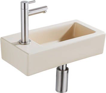 QeramiQ Fuente Fonteinset 37.5x18.5x9cm keramiek kraangat links fonteinkraan geborsteld RVS afvoerplug verlaagd sifon Mat Beige SW1122452 SW696207 SW696217 SW696237