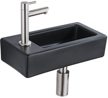 QeramiQ Fuente Fonteinset 37.5x18.5x9cm keramiek kraangat links fonteinkraan geborsteld RVS afvoerplug verlaagd sifon Mat Zwart SW1122451 SW696207 SW696217 SW696237