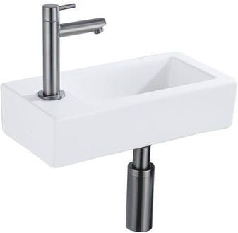 QeramiQ Fuente Fonteinset 37.5x18.5x9cm keramiek kraangat links fonteinkraan gunmetal afvoerplug verlaagd sifon Mat wit SW1122450 SW769487 SW767295 SW696239