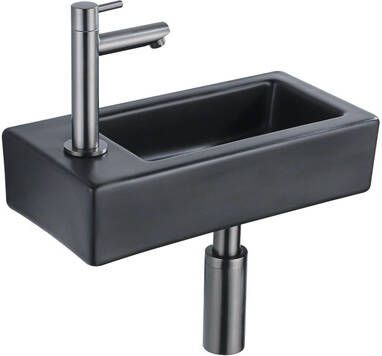 QeramiQ Fuente Fonteinset 37.5x18.5x9cm keramiek kraangat links fonteinkraan gunmetal afvoerplug verlaagd sifon Mat Zwart SW1122451 SW769487 SW767295 SW696239
