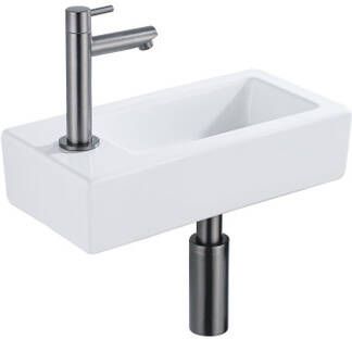 QeramiQ Fuente Fonteinset 37.5x18.5x9cm keramiek kraangat links fonteinkraan gunmetal afvoerplug verlaagd sifon Glans wit SW1122449 SW769487 SW767295 SW696239