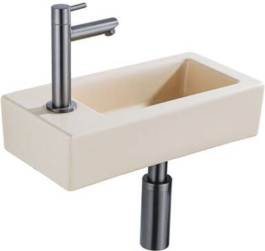 QeramiQ Fuente Fonteinset 37.5x18.5x9cm keramiek kraangat links fonteinkraan gunmetal afvoerplug verlaagd sifon Mat Beige SW1122452 SW769487 SW767295 SW696239